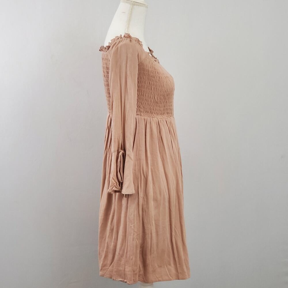 LLove Tan Shirred Smocked Peasant Mini Dress Bell Sleeve Boho Cottagecore NWT S - Picture 3 of 8